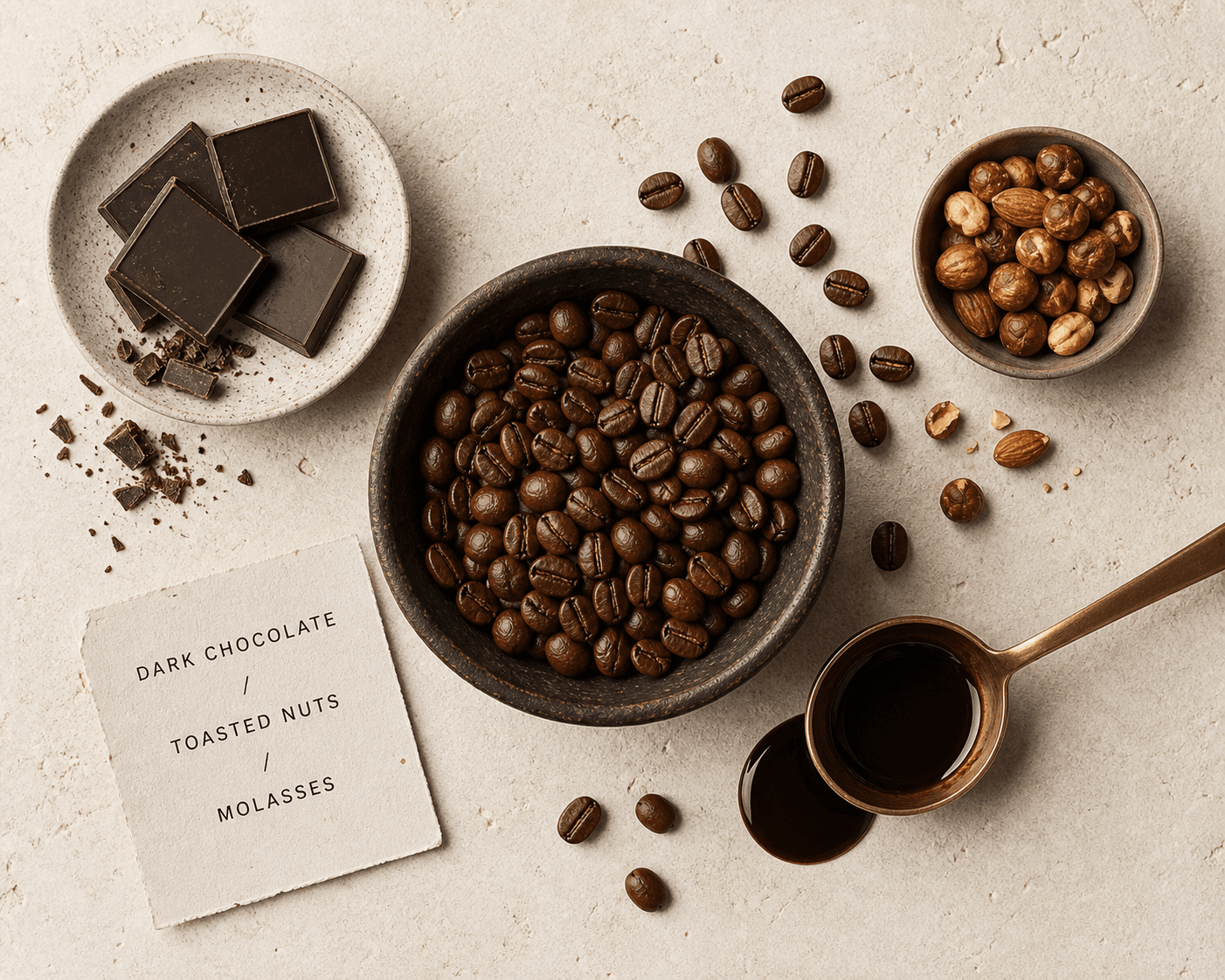 Eclipse tasting notes with coffee beans, chocolate, nuts, and molasses