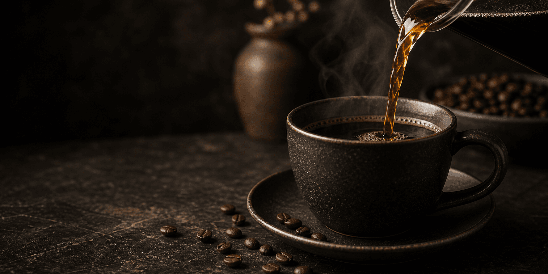 Coffee being poured into a black mug