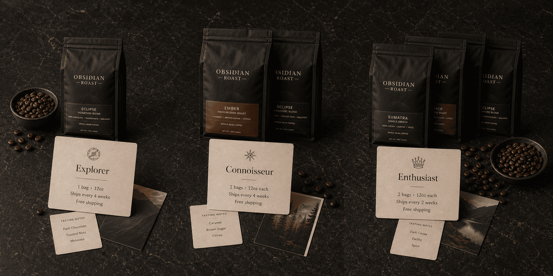 Obsidian Roast subscription plan cards