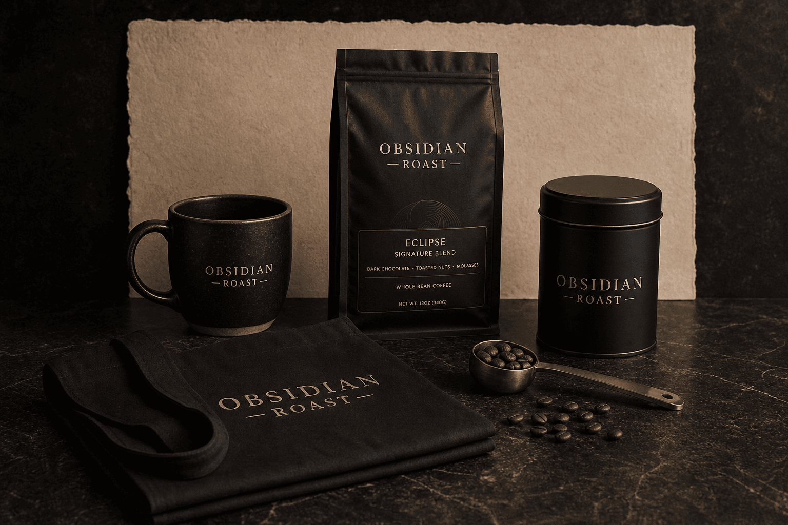 Obsidian Roast mugs, tins, tote, and coffee add-ons